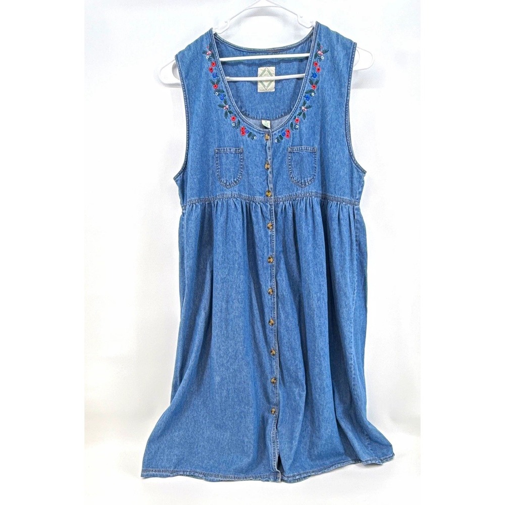 VTG denim maxi dress womens 3XL embroidered pockets grandmacore 90s mom folk